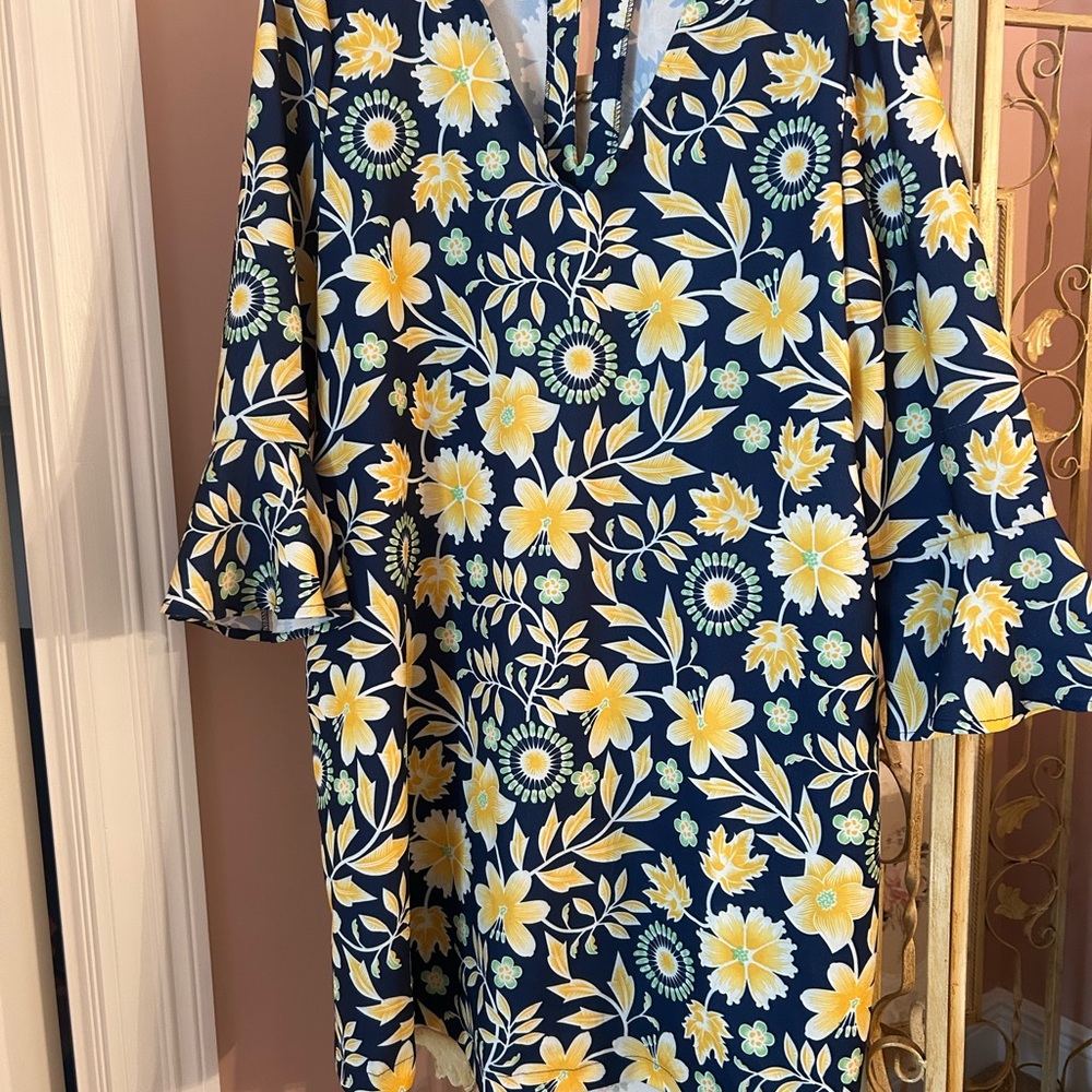 Beige by eci Navy Dress with Pockets Yellow Floral Pattern